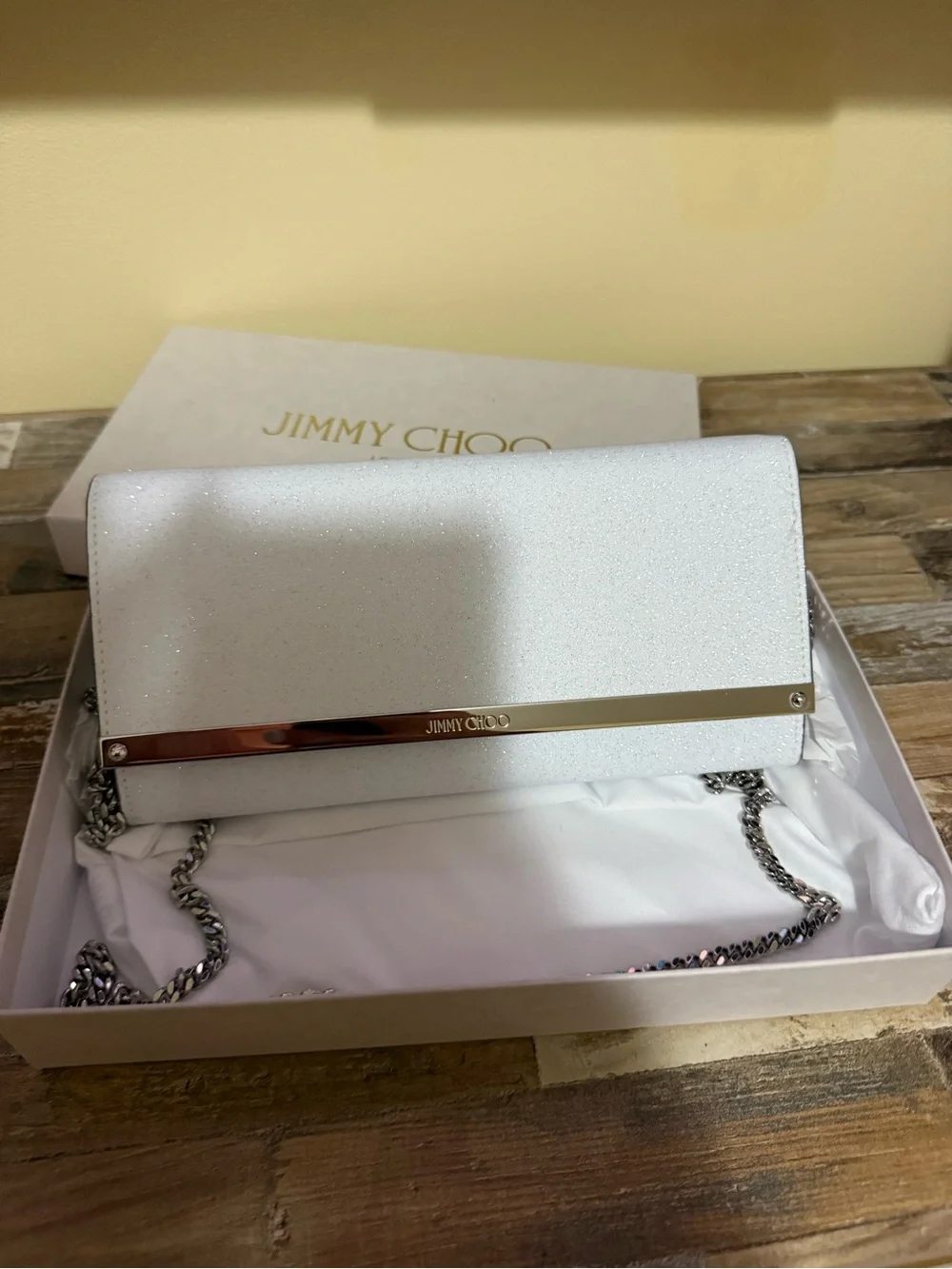Jimmy Choo White Glitter Chain Shoulder Clutch